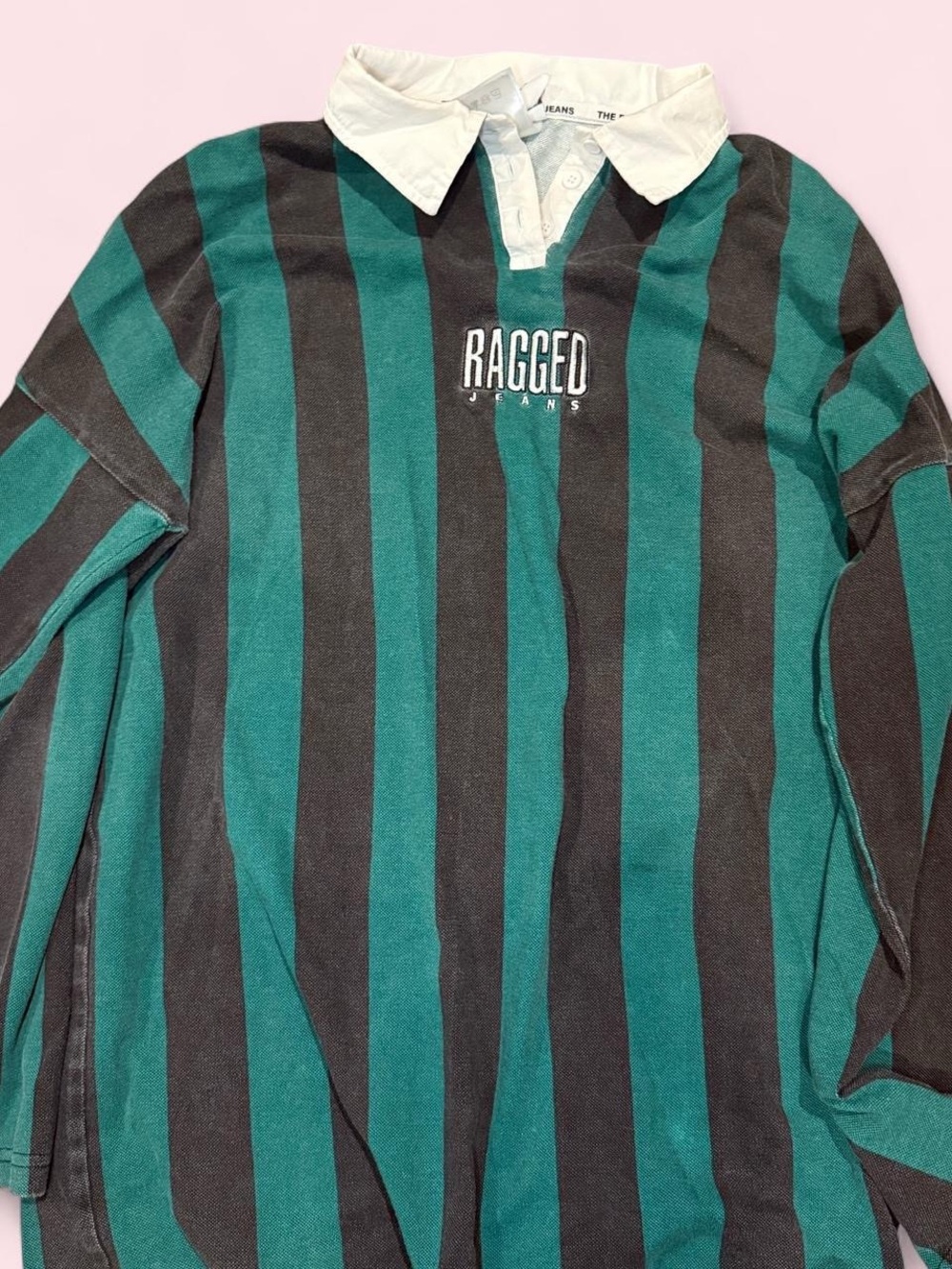 Ragged Jeans Rugby Shirt Green Black Striped Collared Long Sleeve
